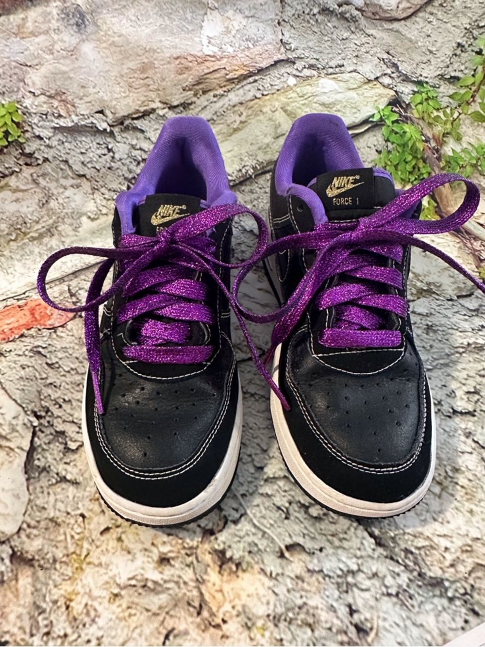 Nike force 1  SZ 3Y Black and purple  sparkly, purple, shoe strings, tennis shoe